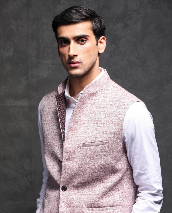 Rare Rabbit Men's Delia Light Pink Mandarin Collar Abstract Jacquard Bandi