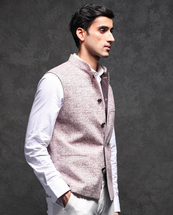 Rare Rabbit Men's Delia Light Pink Mandarin Collar Abstract Jacquard Bandi