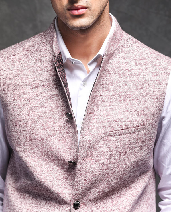 Rare Rabbit Men's Delia Light Pink Mandarin Collar Abstract Jacquard Bandi