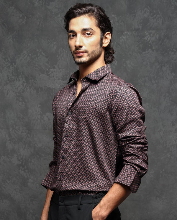 Rare Rabbit Men's Delky Black Shirt Modal Cotton Fabric Full Sleeves Monogram Shirt