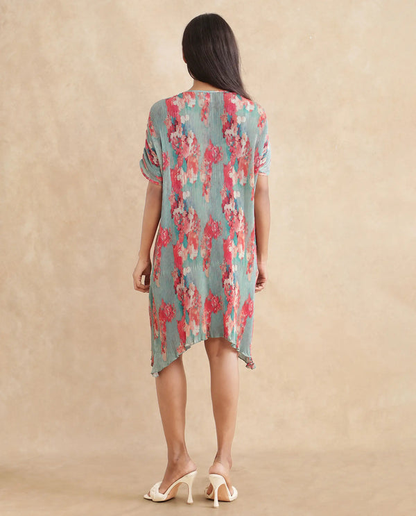 Rareism Women's Dellusion Multi Polyester Fabric Round Neck  Extended Sleeve Floral Print Asymmetric Mini Dress