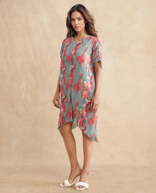 Rareism Women's Dellusion Multi Polyester Fabric Round Neck  Extended Sleeve Floral Print Asymmetric Mini Dress