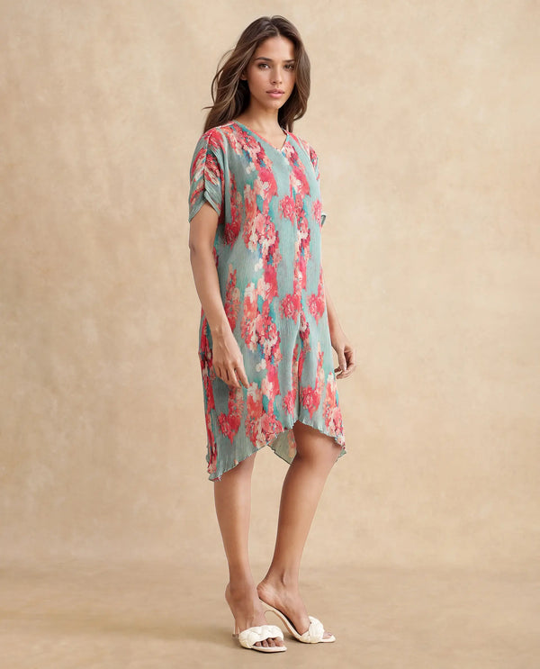 Rareism Women's Dellusion Multi Polyester Fabric Round Neck  Extended Sleeve Floral Print Asymmetric Mini Dress