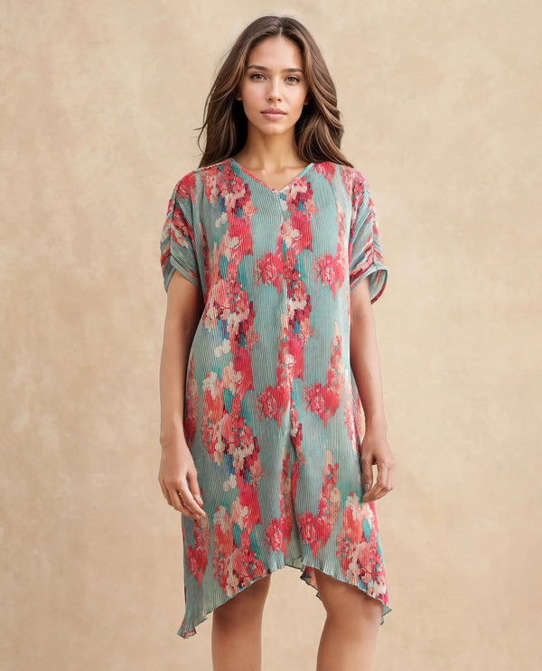 Rareism Women's Dellusion Multi Polyester Fabric Round Neck  Extended Sleeve Floral Print Asymmetric Mini Dress