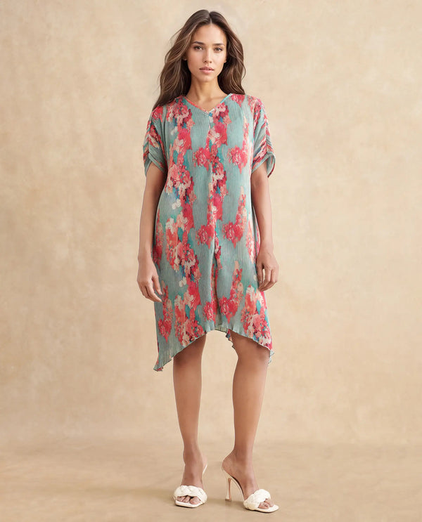 Rareism Women's Dellusion Multi Polyester Fabric Round Neck  Extended Sleeve Floral Print Asymmetric Mini Dress