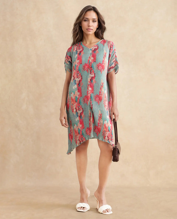 Rareism Women's Dellusion Multi Polyester Fabric Round Neck  Extended Sleeve Floral Print Asymmetric Mini Dress