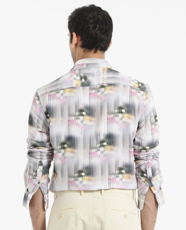 Rare Rabbit Men's Delune Dark Grey Viscose Fabric Regular Collar Abstract Print Self Stripe Shirt