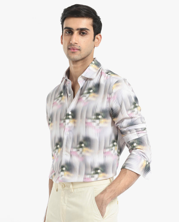Rare Rabbit Men's Delune Dark Grey Viscose Fabric Regular Collar Abstract Print Self Stripe Shirt