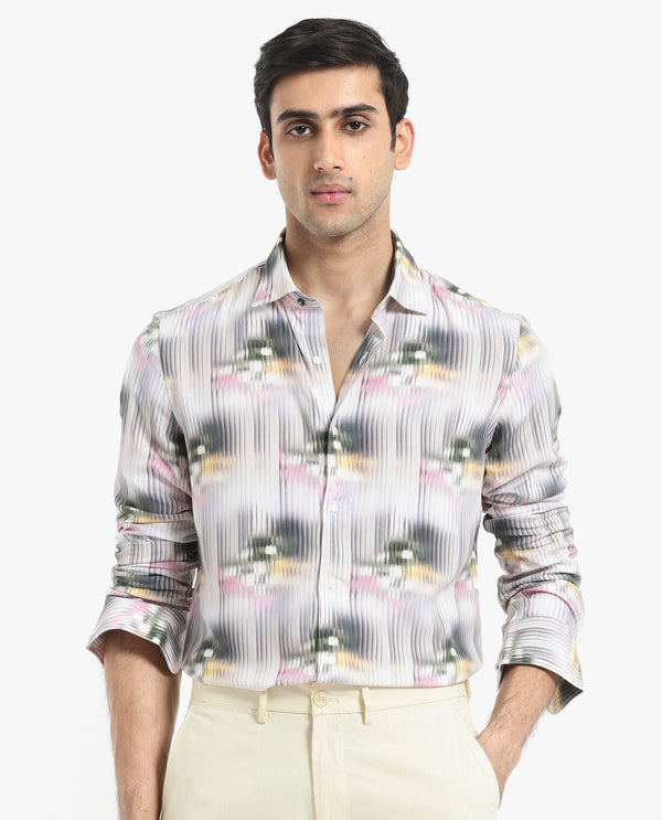 Rare Rabbit Men's Delune Dark Grey Viscose Fabric Regular Collar Abstract Print Self Stripe Shirt