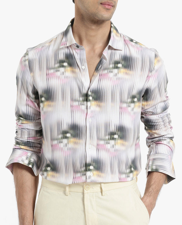 Rare Rabbit Men's Delune Dark Grey Viscose Fabric Regular Collar Abstract Print Self Stripe Shirt