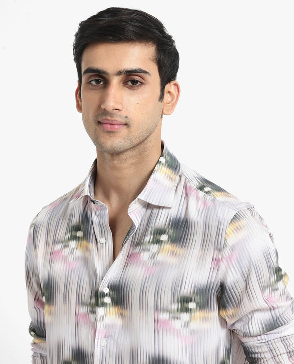 Rare Rabbit Men's Delune Dark Grey Viscose Fabric Regular Collar Abstract Print Self Stripe Shirt