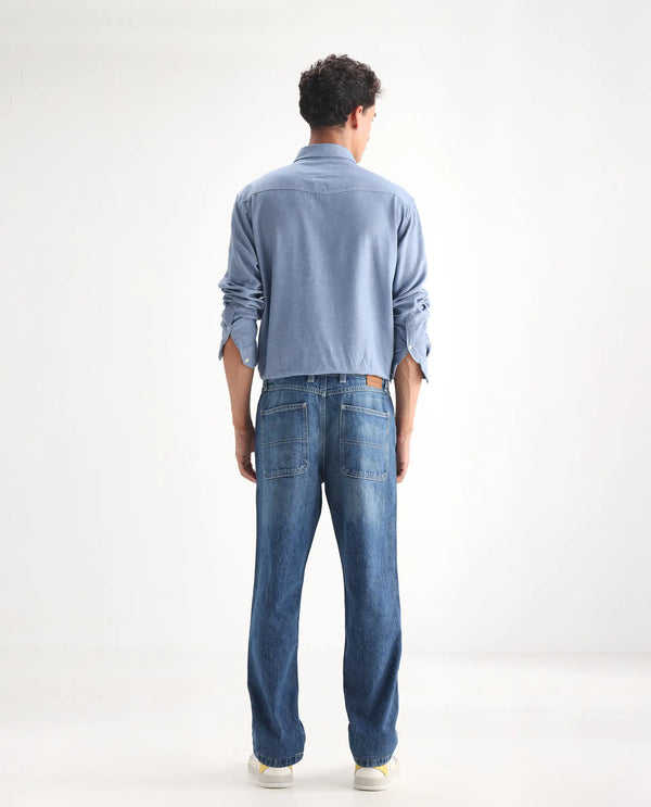 Rare Rabbit Men Denis Blue Cotton Fabric Mid Wash Regular Fit Mid Rise Plain Denim Trouser