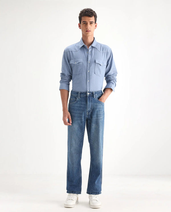 Rare Rabbit Men Denis Blue Cotton Fabric Mid Wash Regular Fit Mid Rise Plain Denim Trouser