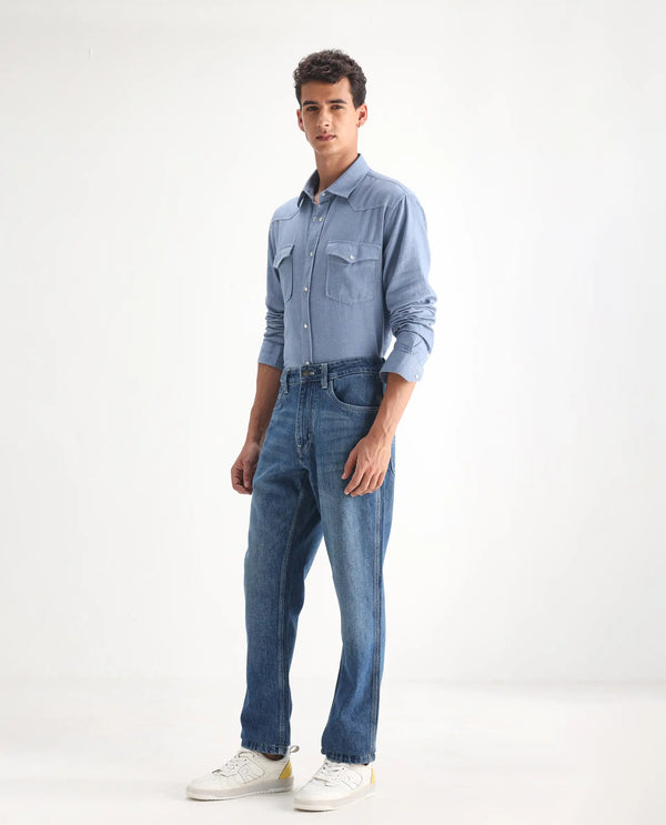 Rare Rabbit Men Denis Blue Cotton Fabric Mid Wash Regular Fit Mid Rise Plain Denim Trouser