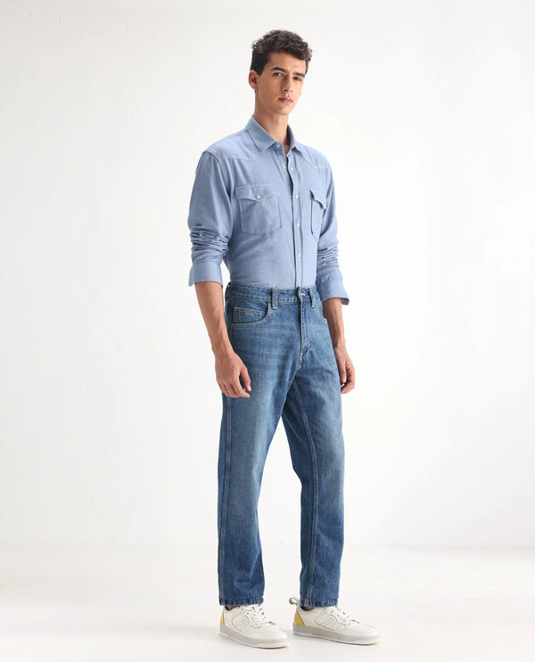 Rare Rabbit Men Denis Blue Cotton Fabric Mid Wash Regular Fit Mid Rise Plain Denim Trouser