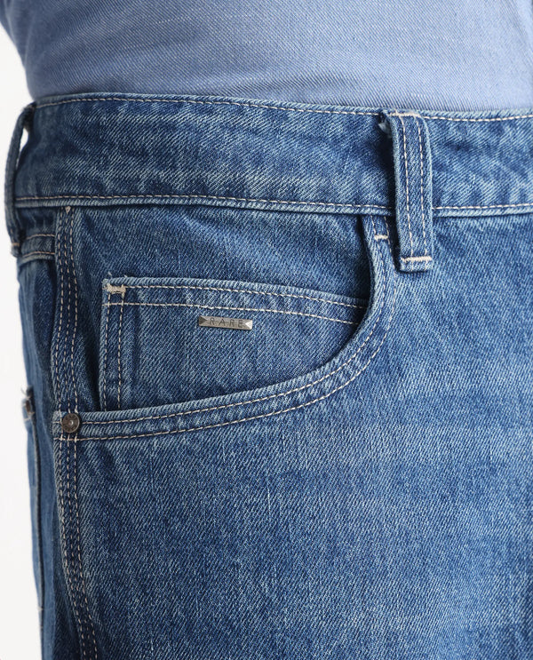 Rare Rabbit Men Denis Blue Cotton Fabric Mid Wash Regular Fit Mid Rise Plain Denim Trouser