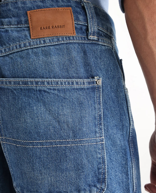 Rare Rabbit Men Denis Blue Cotton Fabric Mid Wash Regular Fit Mid Rise Plain Denim Trouser