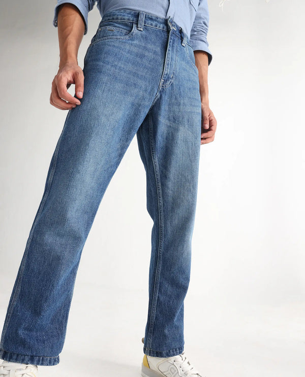 Rare Rabbit Men Denis Blue Cotton Fabric Mid Wash Regular Fit Mid Rise Plain Denim Trouser