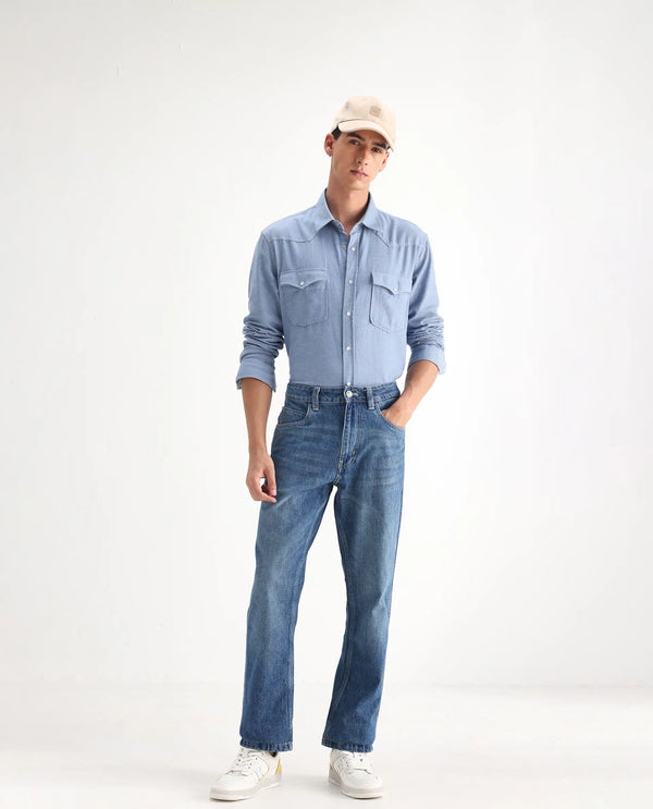 Rare Rabbit Men Denis Blue Cotton Fabric Mid Wash Regular Fit Mid Rise Plain Denim Trouser