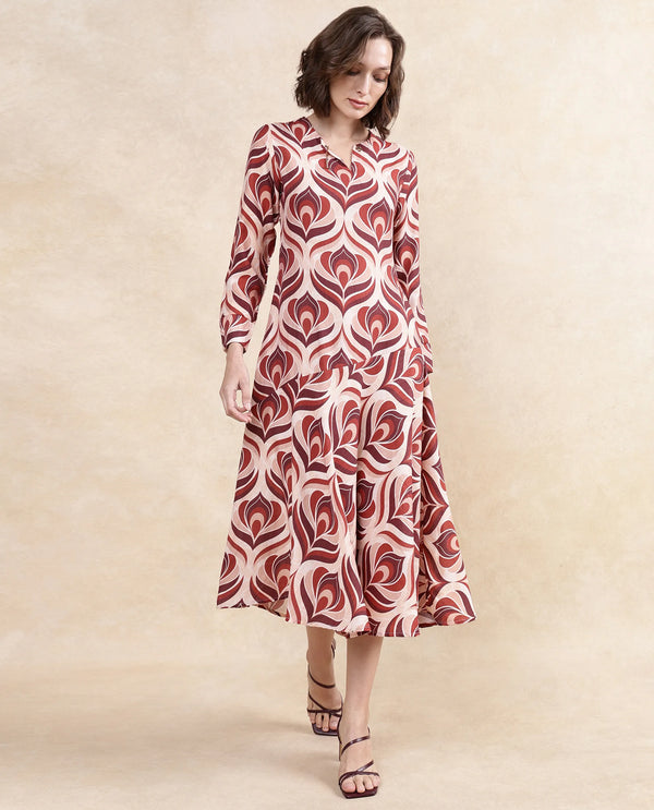 Rareism Women Denizli Dark Beige Viscose Blend Fabric Full Sleeve V-Neck Zipper Closure Midi Floral Print Dress