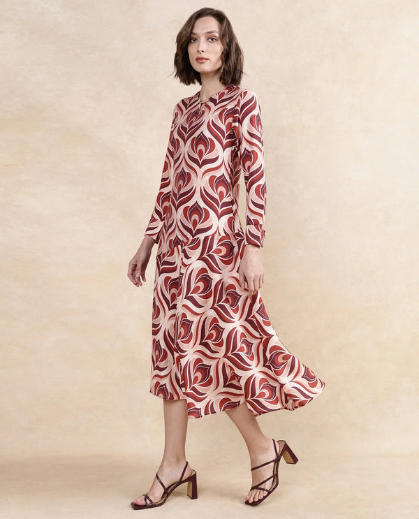 Rareism Women Denizli Dark Beige Viscose Blend Fabric Full Sleeve V-Neck Zipper Closure Midi Floral Print Dress