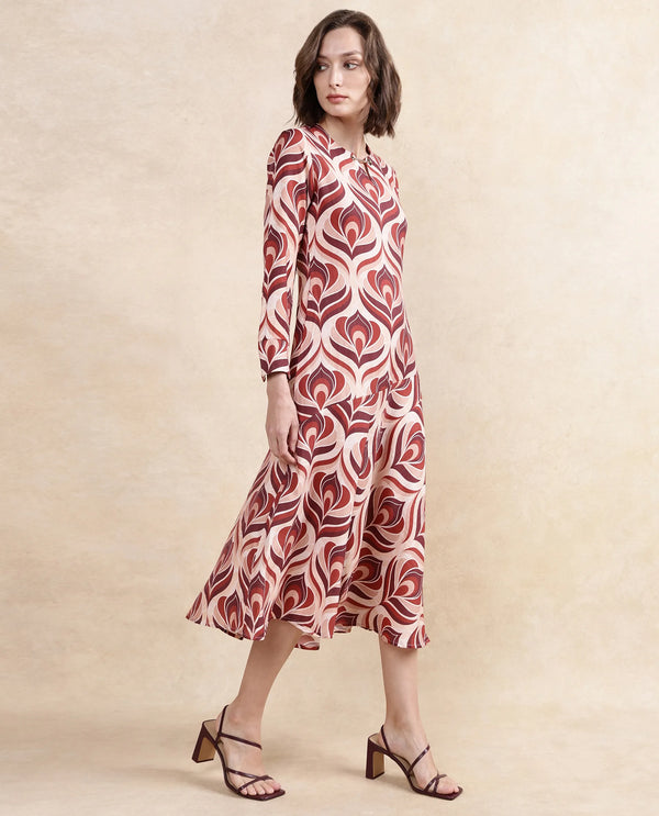 Rareism Women Denizli Dark Beige Viscose Blend Fabric Full Sleeve V-Neck Zipper Closure Midi Floral Print Dress