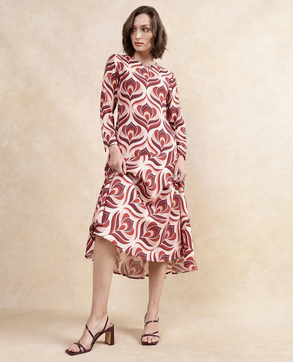 Rareism Women Denizli Dark Beige Viscose Blend Fabric Full Sleeve V-Neck Zipper Closure Midi Floral Print Dress