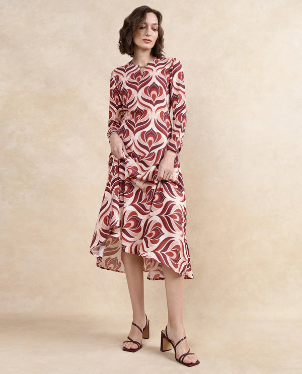 Rareism Women Denizli Dark Beige Viscose Blend Fabric Full Sleeve V-Neck Zipper Closure Midi Floral Print Dress