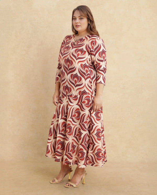 Rareism Women Denizli Dark Beige Viscose Blend Fabric Full Sleeve V-Neck Zipper Closure Midi Floral Print Dress