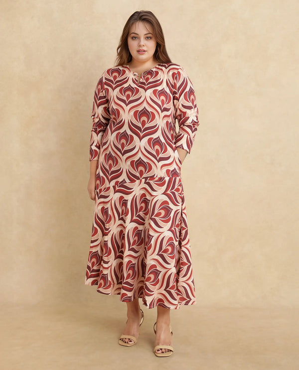 Rareism Women Denizli Dark Beige Viscose Blend Fabric Full Sleeve V-Neck Zipper Closure Midi Floral Print Dress