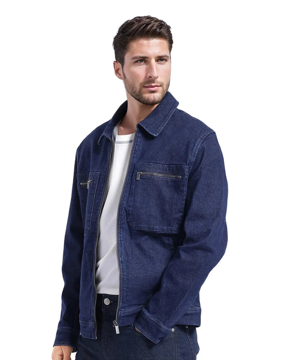 Rare Rabbit Men Denner Dark Blue Cotton Polyester Fabric Full Sleeve Collared Zipper Closure Denim Plain Jacket