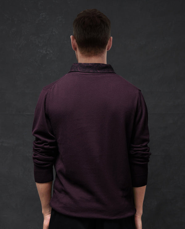 Rare Rabbit Men's Denor Purple Cotton Fabric Full Sleeve Printed Cowl Neck Zipper Closure Plain Sweater