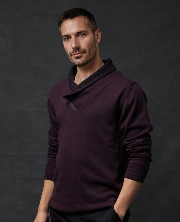 Rare Rabbit Men's Denor Purple Cotton Fabric Full Sleeve Printed Cowl Neck Zipper Closure Plain Sweater