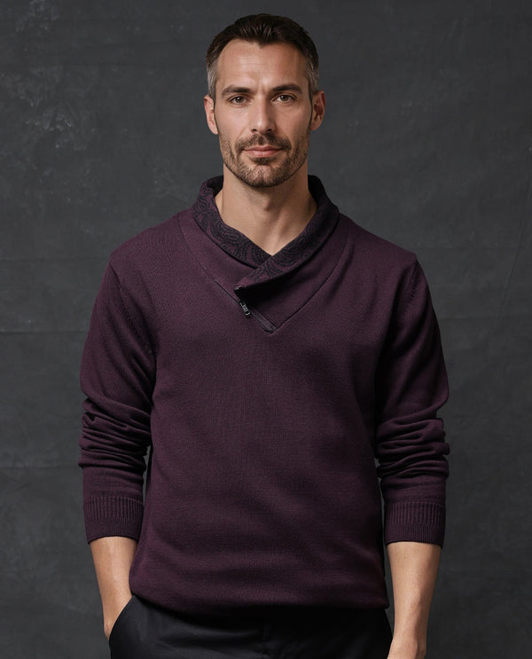 Rare Rabbit Men's Denor Purple Cotton Fabric Full Sleeve Printed Cowl Neck Zipper Closure Plain Sweater