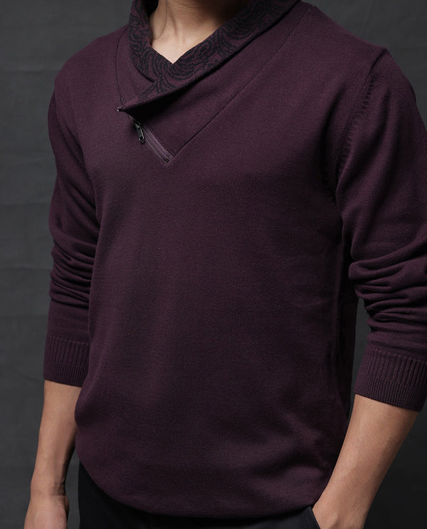Rare Rabbit Men's Denor Purple Cotton Fabric Full Sleeve Printed Cowl Neck Zipper Closure Plain Sweater
