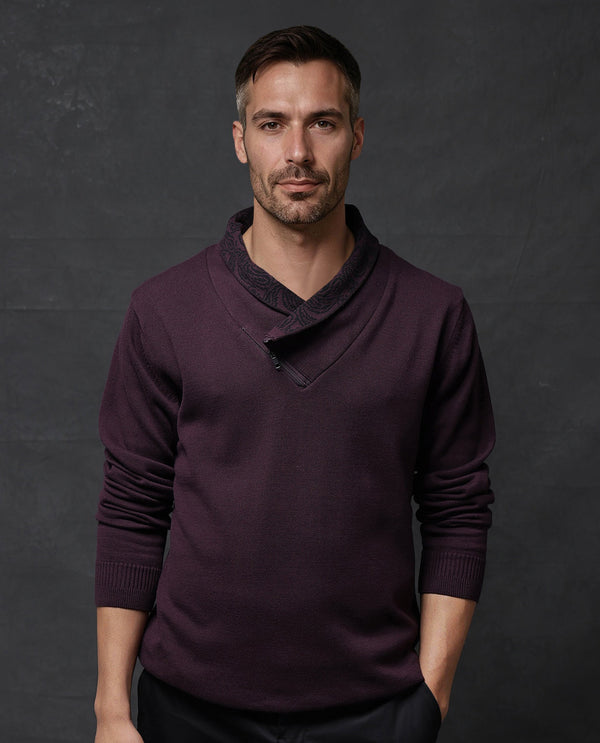 Rare Rabbit Men's Denor Purple Cotton Fabric Full Sleeve Printed Cowl Neck Zipper Closure Plain Sweater