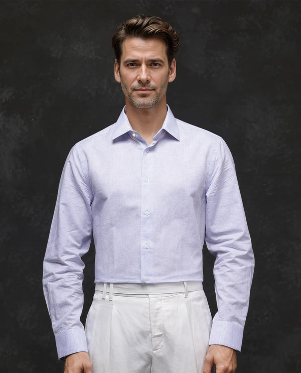 Rare Rabbit Men Dento Light Blue Full Sleeve Regular Fit Stripe Print Business Linen Shirt