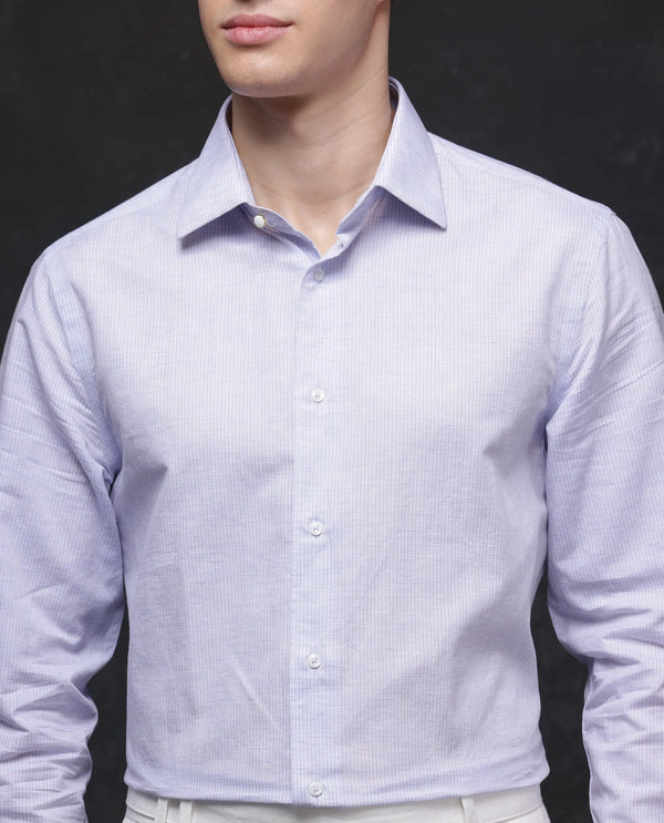 Rare Rabbit Men Dento Light Blue Full Sleeve Regular Fit Stripe Print Business Linen Shirt
