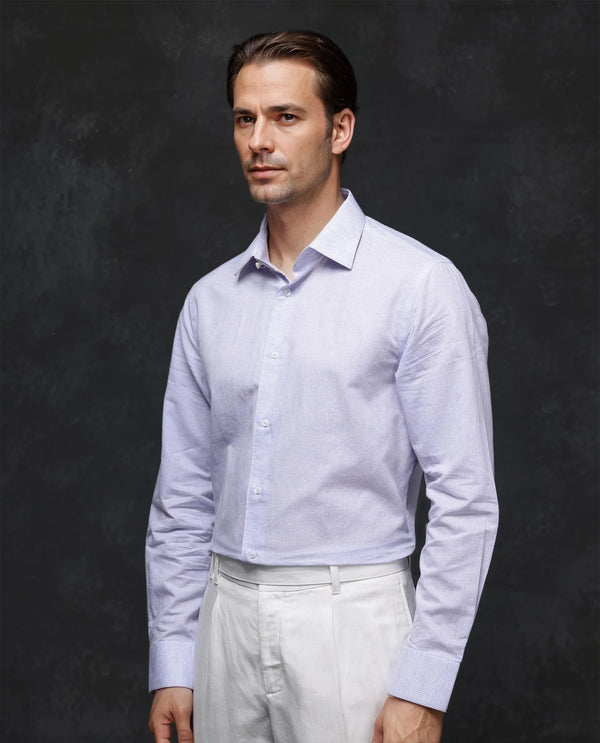 Rare Rabbit Men Dento Light Blue Full Sleeve Regular Fit Stripe Print Business Linen Shirt