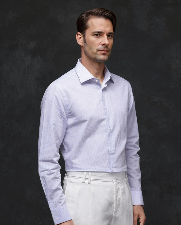 Rare Rabbit Men Dento Light Blue Full Sleeve Regular Fit Stripe Print Business Linen Shirt