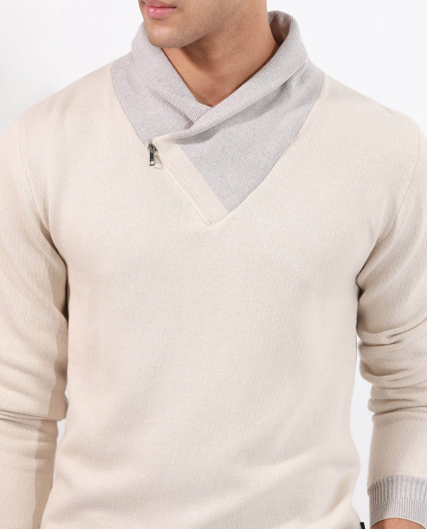 RARE RABBIT MENS DENVER OFF WHITE SWEATER FULL SLEEVE COLLARED NECK SOLID