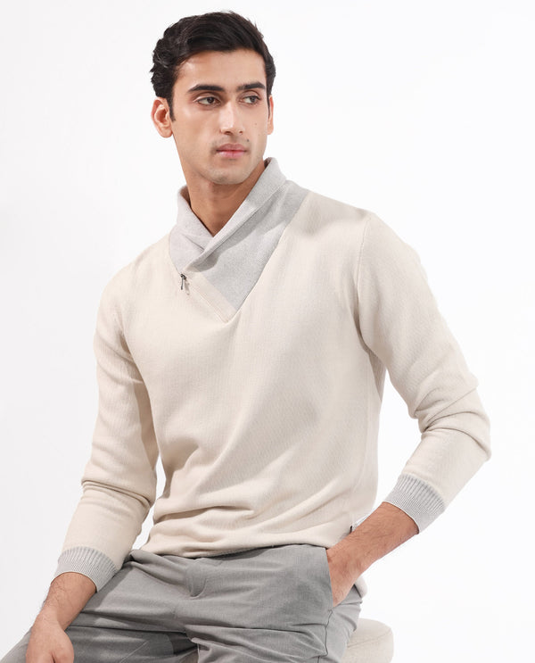 RARE RABBIT MENS DENVER OFF WHITE SWEATER FULL SLEEVE COLLARED NECK SOLID