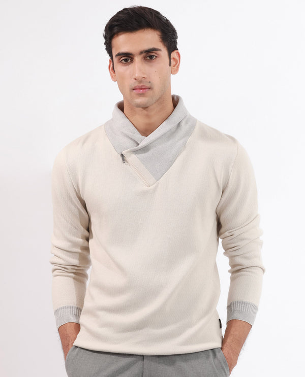 RARE RABBIT MENS DENVER OFF WHITE SWEATER FULL SLEEVE COLLARED NECK SOLID
