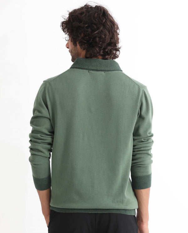 Rare Rabbit Mens Denver Dark Green Sweater Cotton Fabric Cowl Neck Woven Full Sleeves Zipper Closure Regular Fit