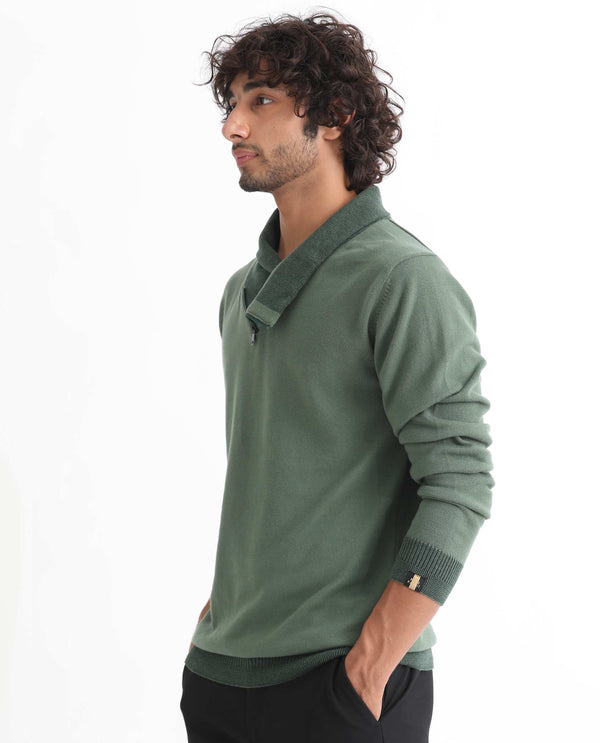 Rare Rabbit Mens Denver Dark Green Sweater Cotton Fabric Cowl Neck Woven Full Sleeves Zipper Closure Regular Fit
