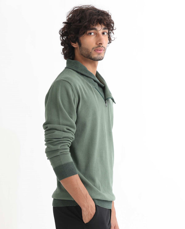 Rare Rabbit Mens Denver Dark Green Sweater Cotton Fabric Cowl Neck Woven Full Sleeves Zipper Closure Regular Fit