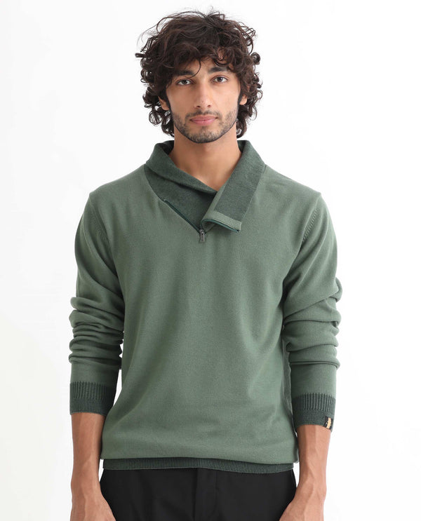 Rare Rabbit Mens Denver Dark Green Sweater Cotton Fabric Cowl Neck Woven Full Sleeves Zipper Closure Regular Fit