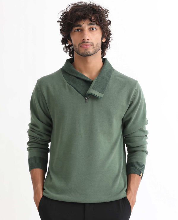 Rare Rabbit Mens Denver Dark Green Sweater Cotton Fabric Cowl Neck Woven Full Sleeves Zipper Closure Regular Fit