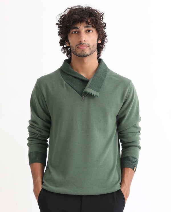 Rare Rabbit Mens Denver Dark Green Sweater Cotton Fabric Cowl Neck Woven Full Sleeves Zipper Closure Regular Fit