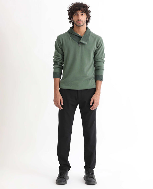 Rare Rabbit Mens Denver Dark Green Sweater Cotton Fabric Cowl Neck Woven Full Sleeves Zipper Closure Regular Fit